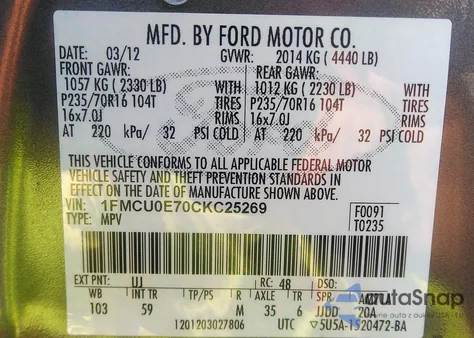 2012 Ford Escape Limited из США, поврежденный, VIN 1FMCU0E70CKC25269